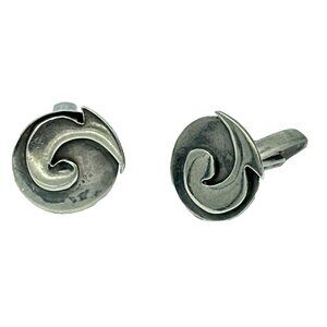 MCM sterling silver cufflinks - vtg 1960s Modernist artisan-made round swirl Mod
